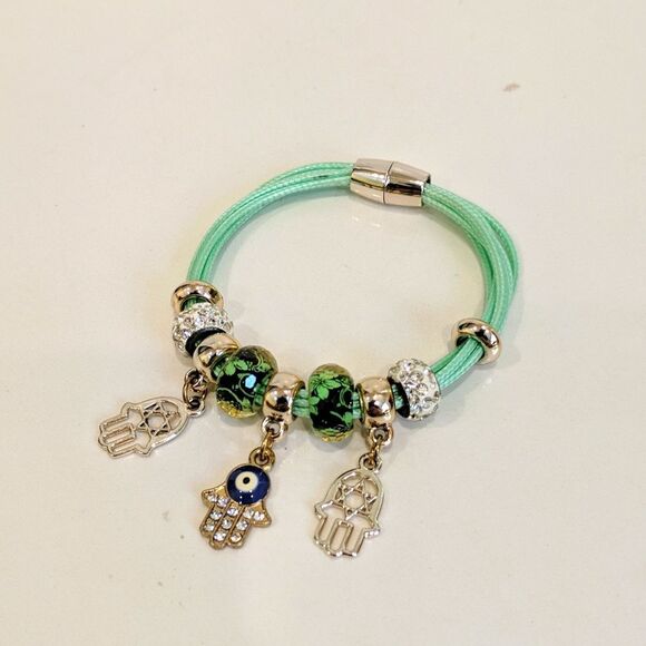 Women's Green Silver Bracelet with Hamsa, Star of David Charms - Picture 1 of 2